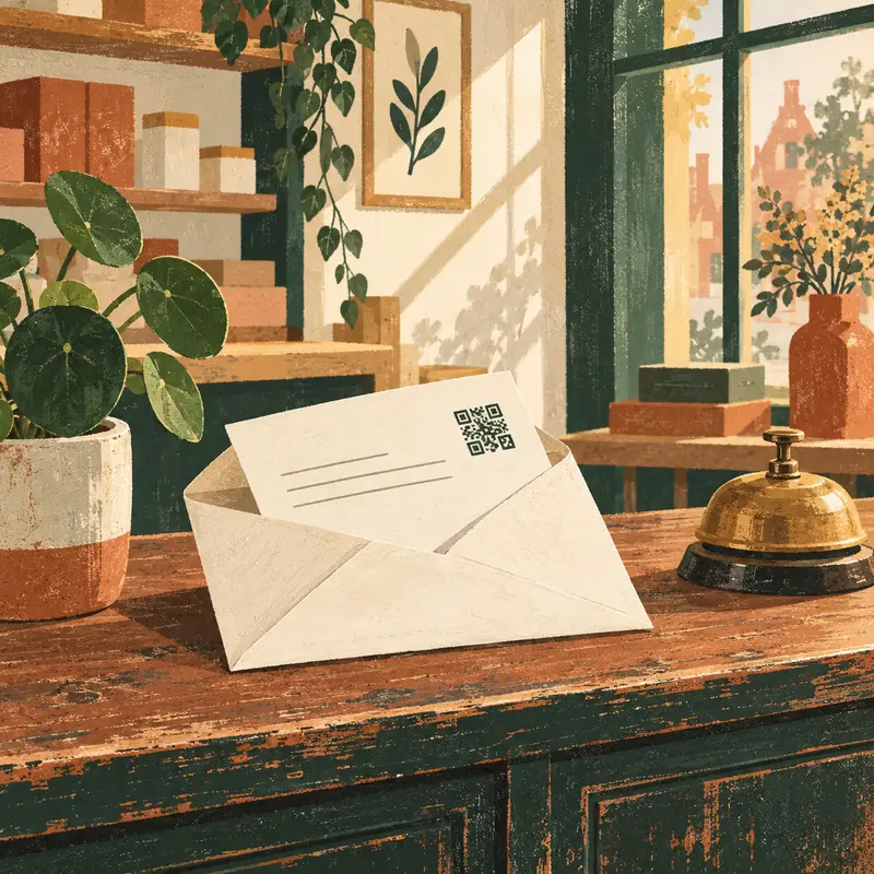 An opened envelope with a letter and a QR code on a wooden shop counter, beside a shop bell.