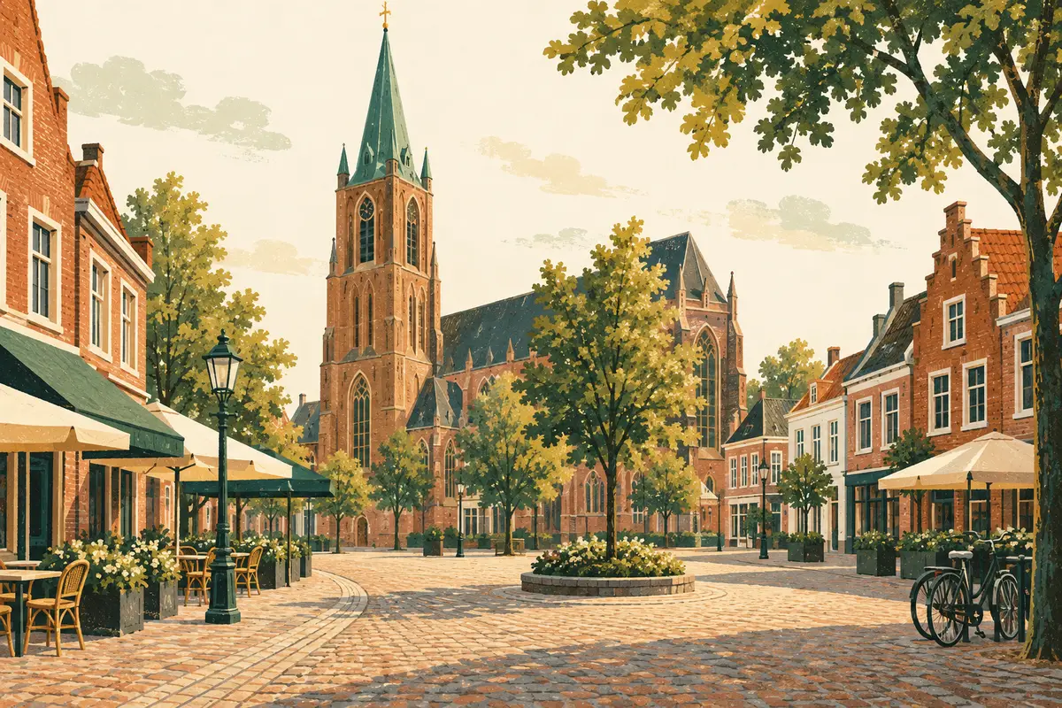 A drawn market square in a small Dutch town, with a tall brick church tower, café terraces and bicycles.