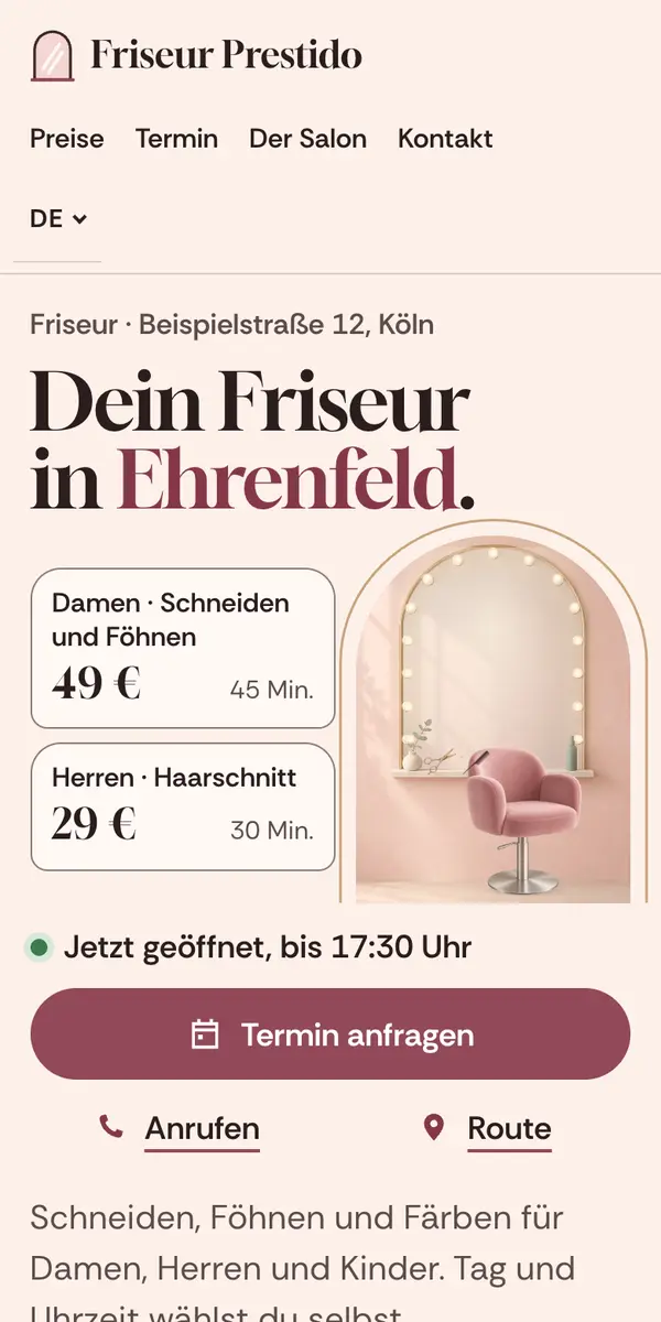 Handy mit dem Beispiel eines erfundenen Friseursalons: Preisliste, Öffnungszeiten und ein Button für die Terminanfrage.