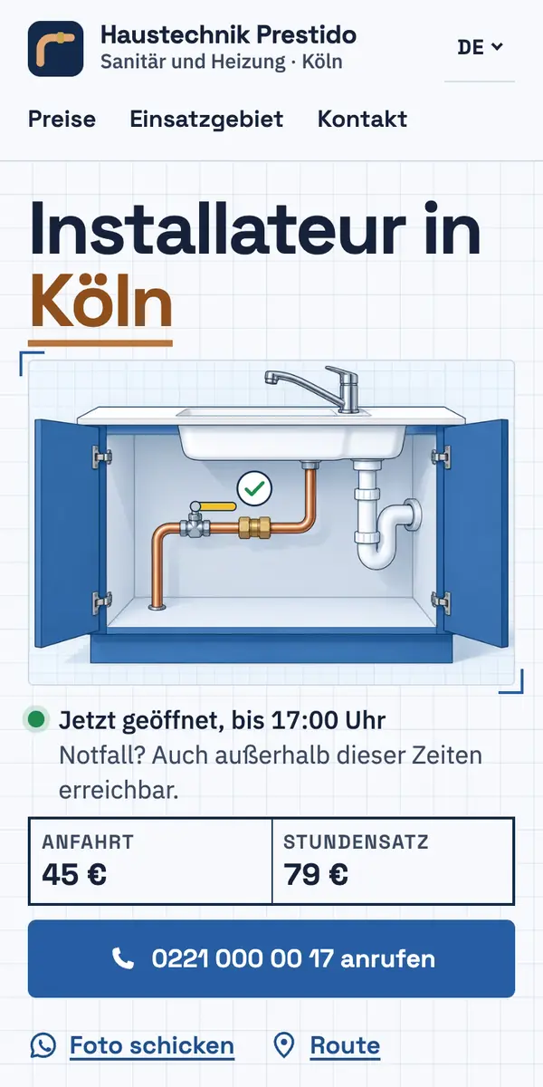 Handy mit dem Beispiel eines erfundenen Sanitär- und Heizungsbetriebs: Preise, Einsatzgebiet und ein Anruf-Button.