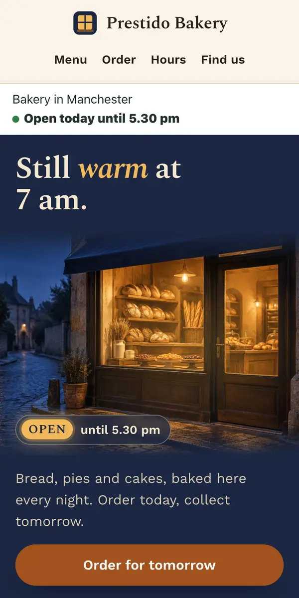 The example website for Prestido Bakery