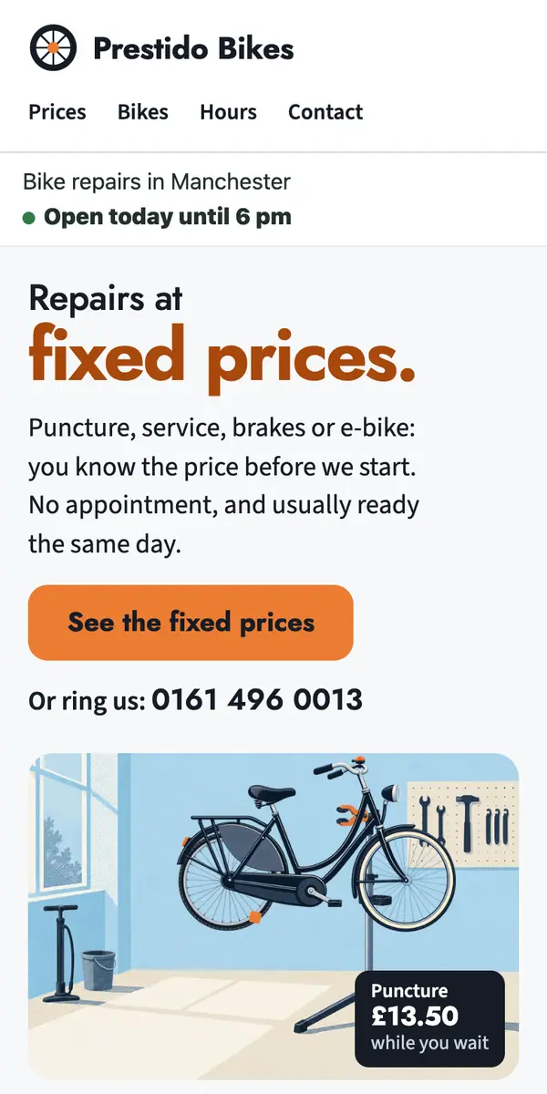 The example website for Prestido Bikes