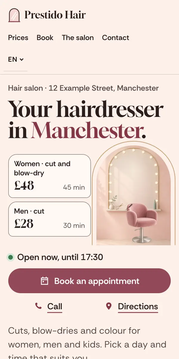 A phone showing an example website for a made-up hair salon: price list, opening hours and a button to book an appointment.