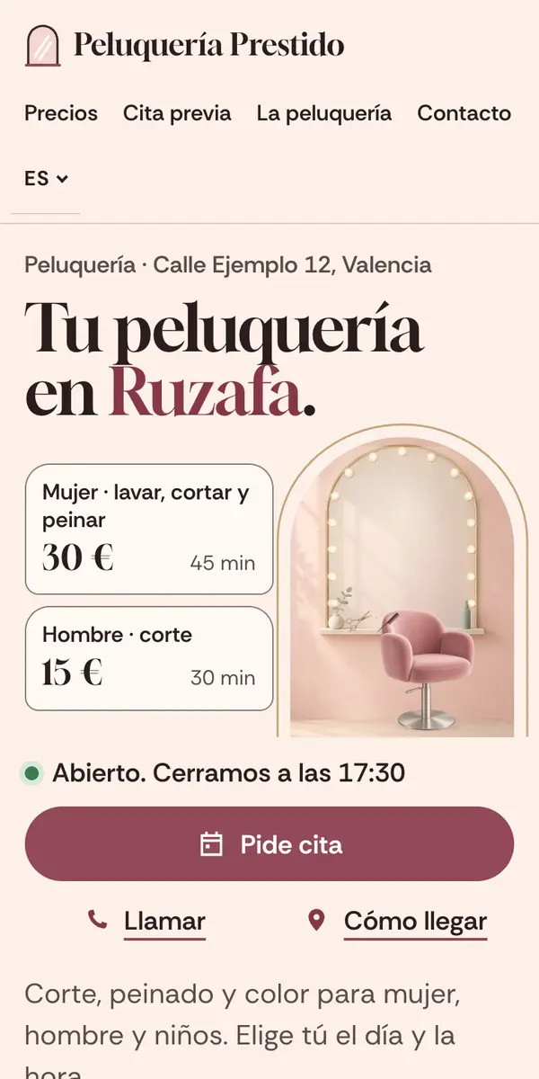 Un móvil con el ejemplo de una peluquería: lista de precios, horarios y un botón para pedir cita.
