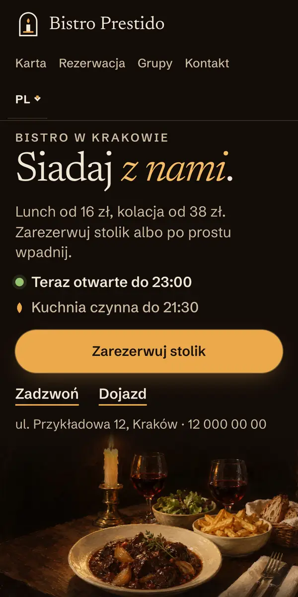 Telefon z przykładową stroną wymyślonej kawiarni z kuchnią: menu, godziny otwarcia i przycisk rezerwacji stolika.