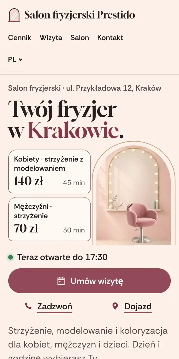 Telefon z przykładową stroną wymyślonego salonu fryzjerskiego: cennik, godziny otwarcia i przycisk zapisu na wizytę.