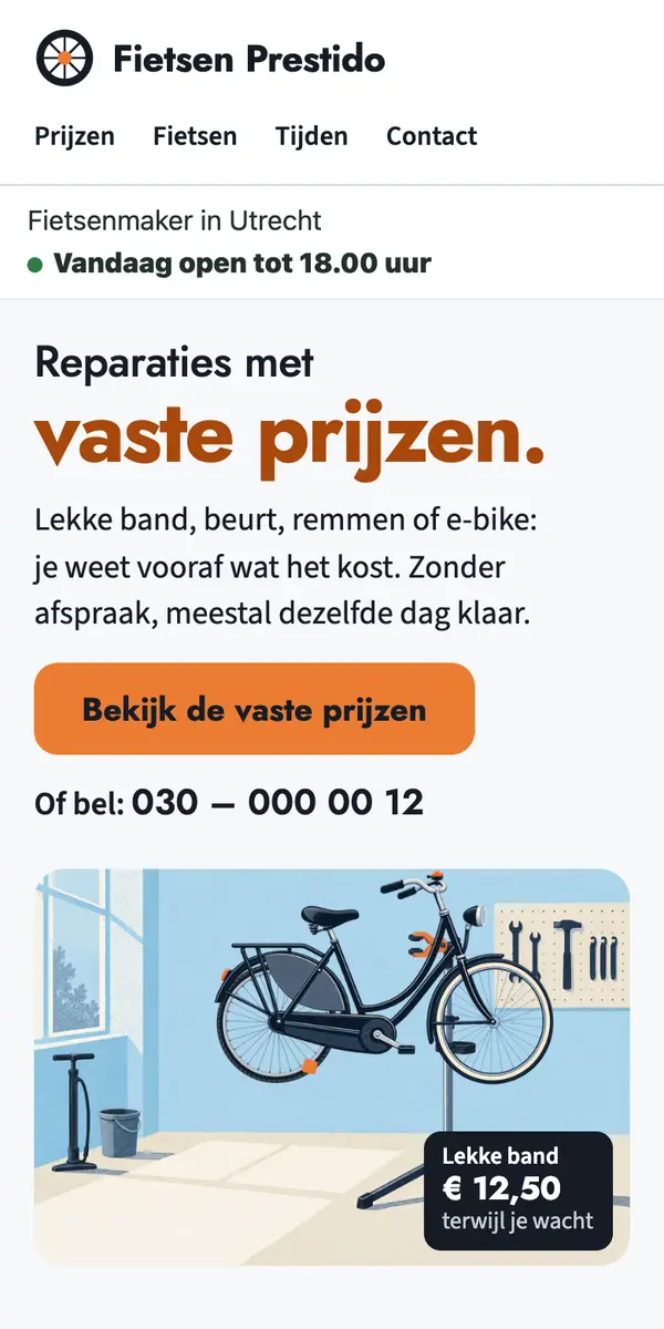 De voorbeeldwebsite van Fietsen Prestido
