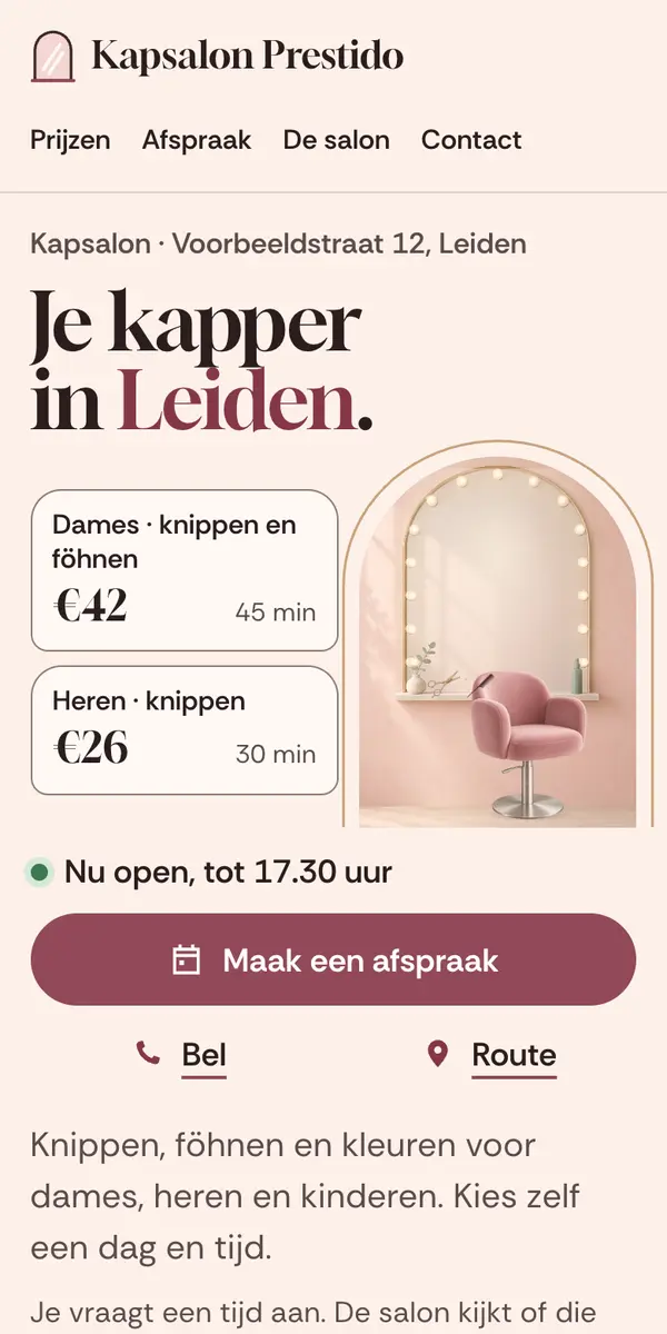 Telefoon met het voorbeeld van een kapsalon: prijslijst, openingstijden en een knop om een afspraak te maken.