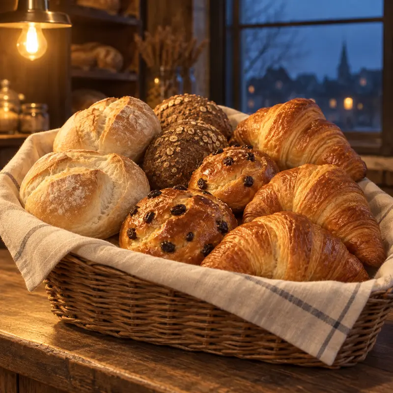 Basket of white and brown rolls, fruited buns and butter croissants.