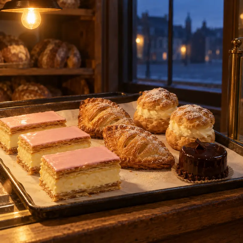 Tray of custard slices, apple turnovers, cream puffs and a small chocolate cake.