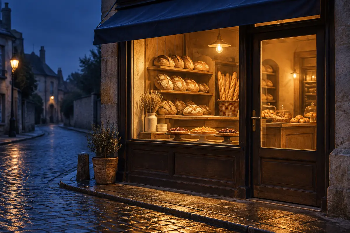 The bakery in the blue hour before dawn: through the big window, warm light falls on shelves of bread and a counter of pies, and spills out onto the wet pavement.
