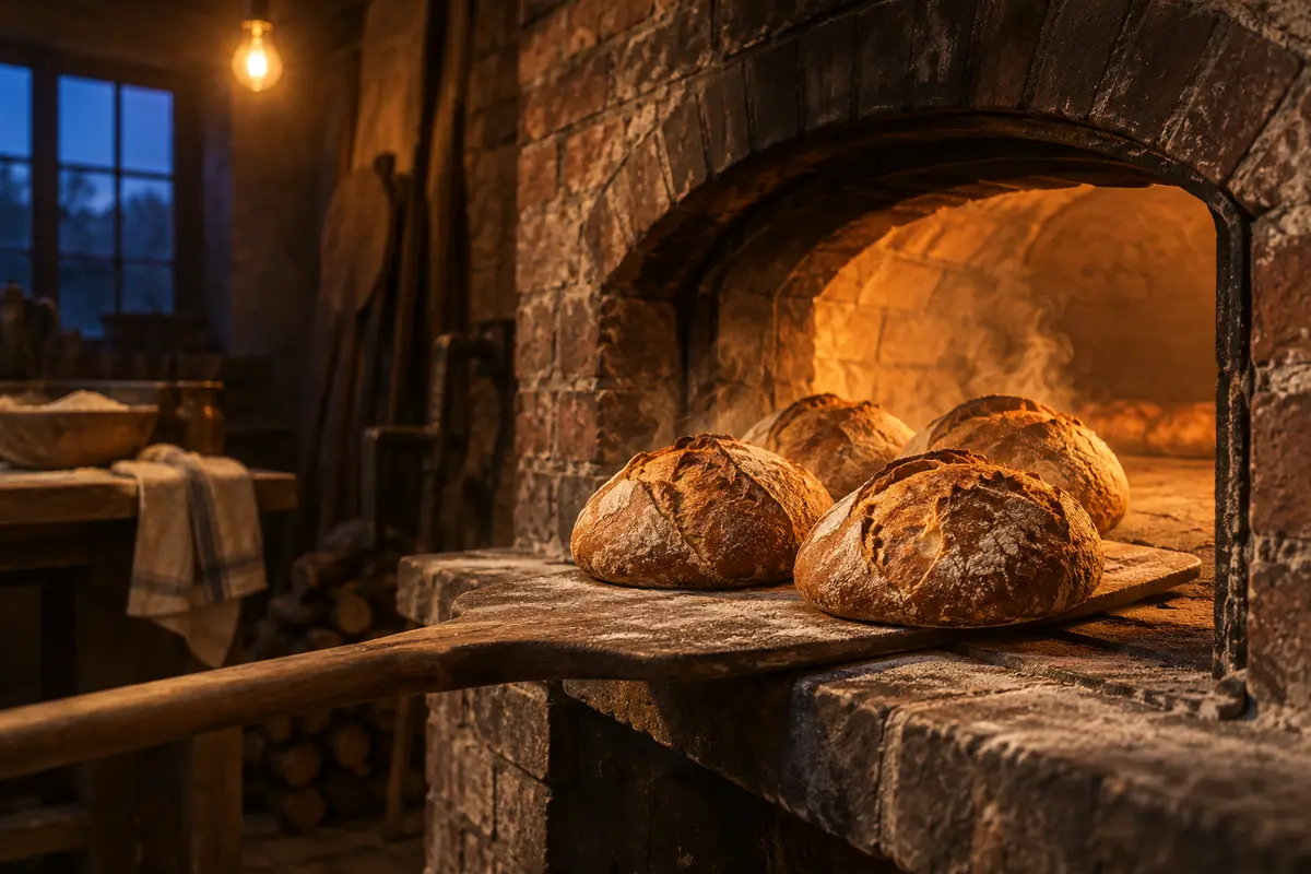 A wooden peel lifts four round loaves out of the stone oven. Steam rises from the crusts.