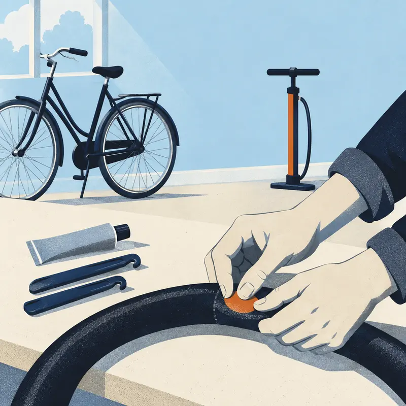 Two hands press an orange patch onto an inner tube on the workbench, with glue and tyre levers beside it and a track pump behind