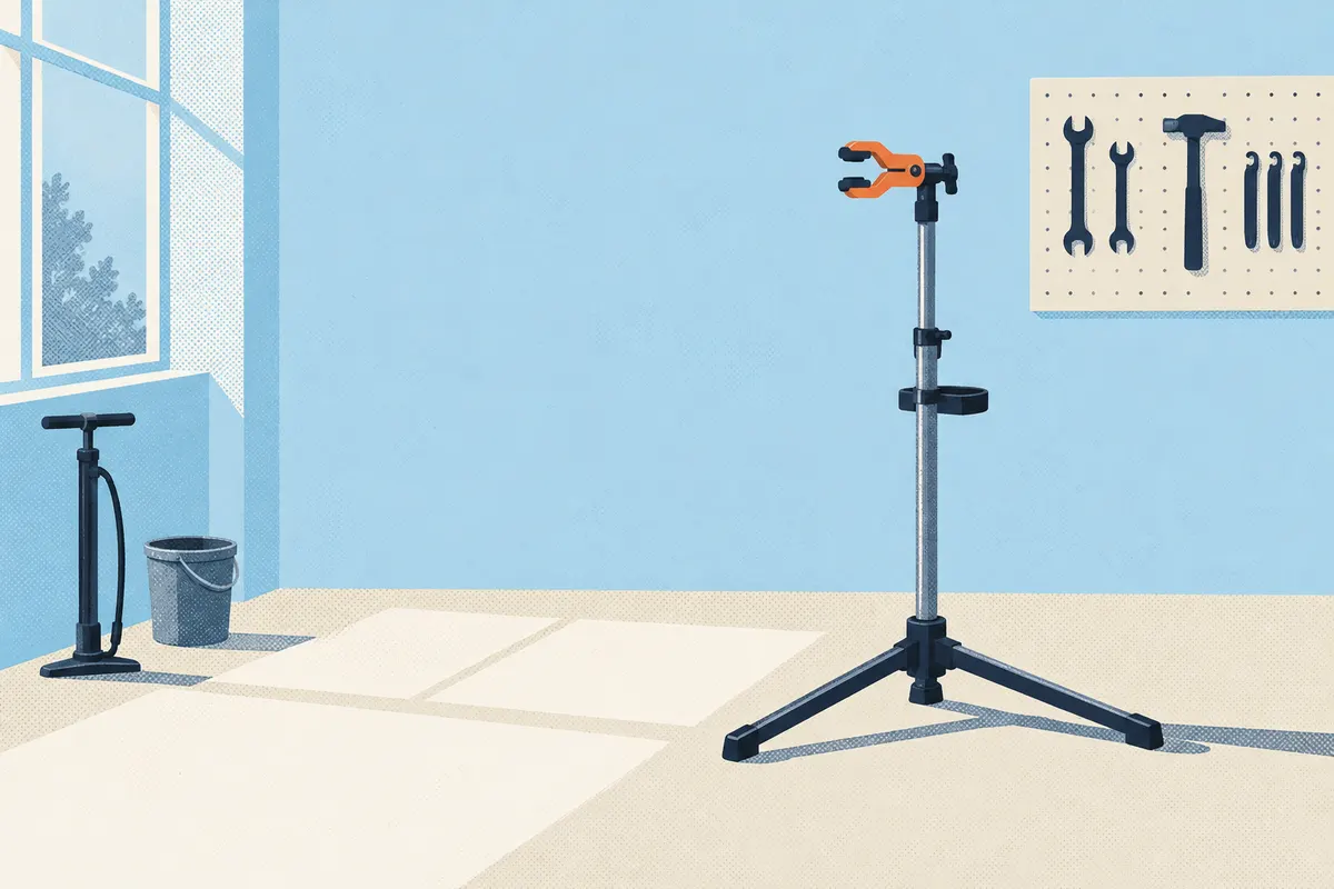 Our bright workshop: a repair stand with an orange clamp, tools on the wall and a track pump by the window