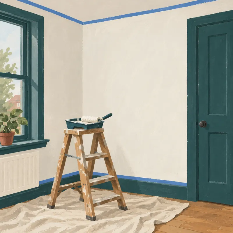 Corner of a living room mid-job: the wall freshly painted off-white, blue tape along the ceiling, a dust sheet and a stepladder with a paint tray.