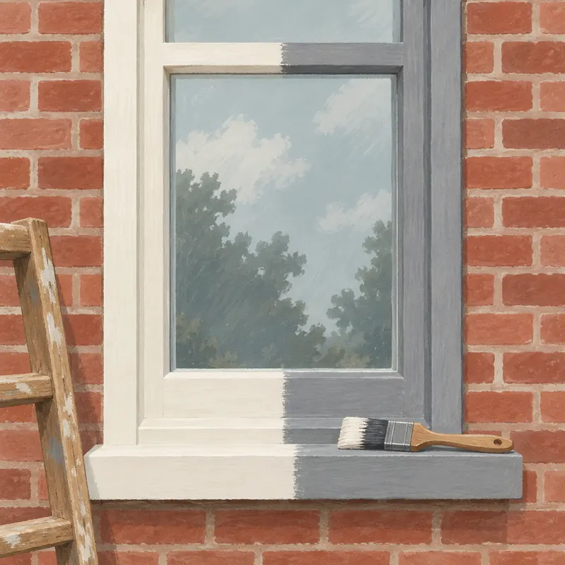 A tall wooden window frame, already painted white on the left and still in grey primer on the right, with a brush on the sill.