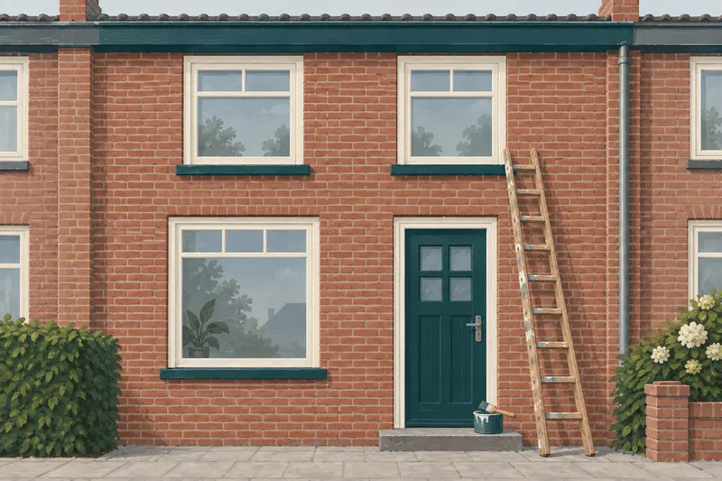A brick terraced house with freshly painted white window frames and a deep green front door. A ladder leans against the wall.