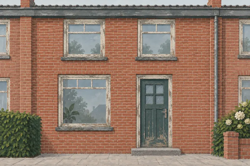 The same house before painting: grey, flaking window frames and a weathered front door.