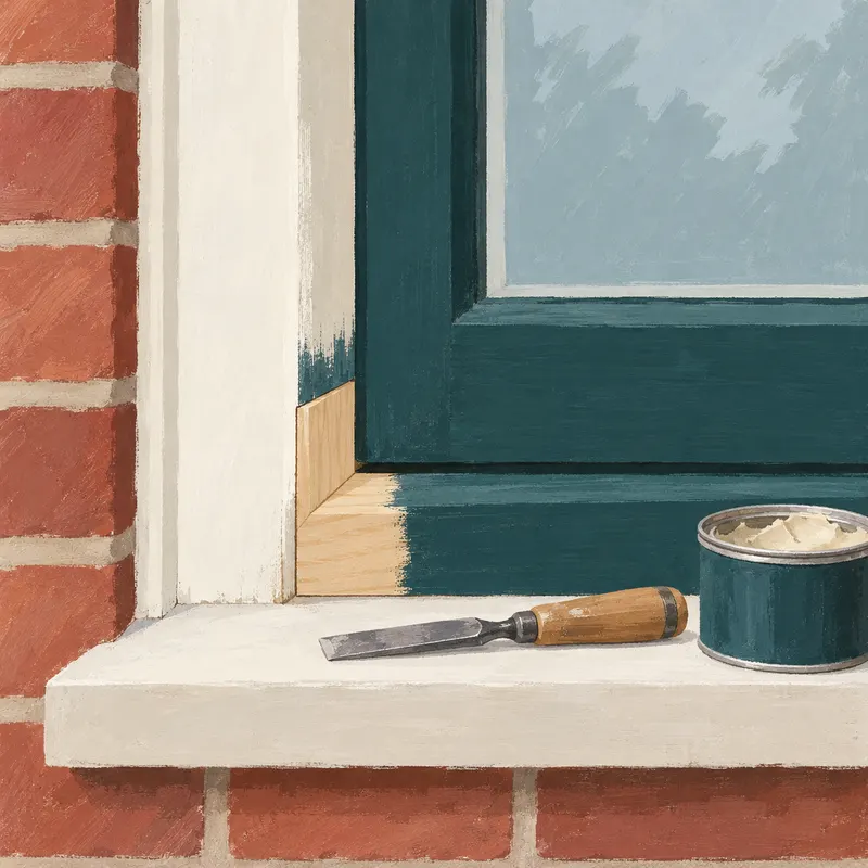 Bottom corner of a wooden window frame where the rotten section has been replaced with new, smoothly sanded timber, with a chisel and a tin of filler on the sill.